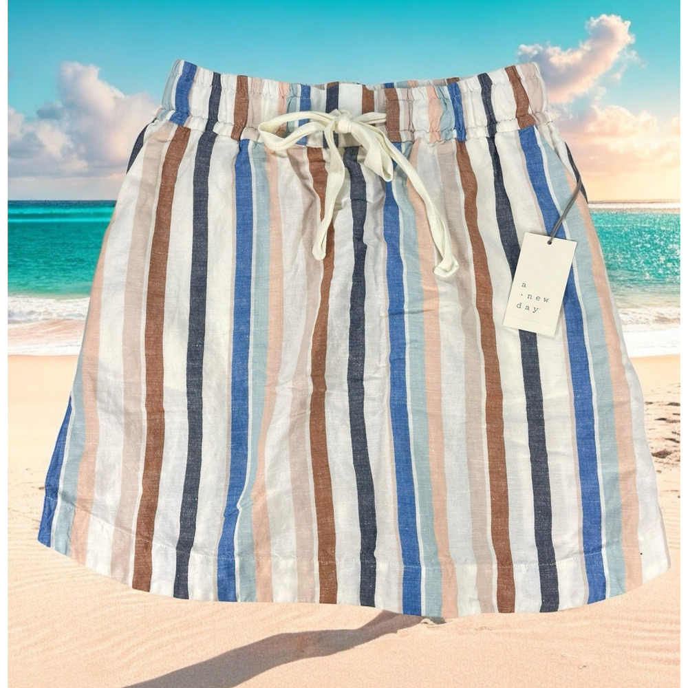 NWT Striped Linen Blend Skirt Womens Sz M Pockets Beachy Resort Wear Casual